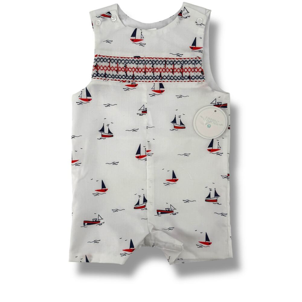 Edgehill Collection Smocked Jon Jon Romper Baby Boy Size 3 Mo Nautical Sail Boat